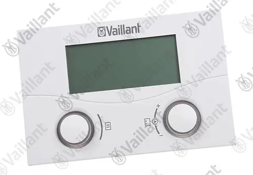 Weißer Regler von Vaillant mit einem großen Display und zwei runden Drehknöpfen für die Temperatureinstellung.